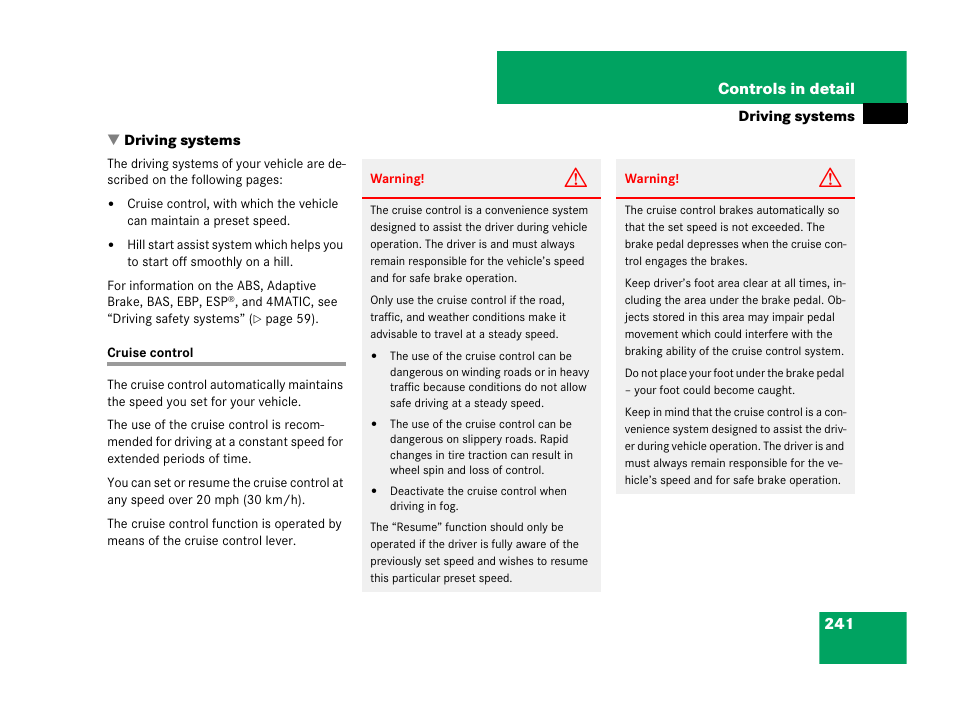 Driving systems, Cruise control | Mercedes-Benz C-Class 2008 Owners Manual User Manual | Page 242 / 509