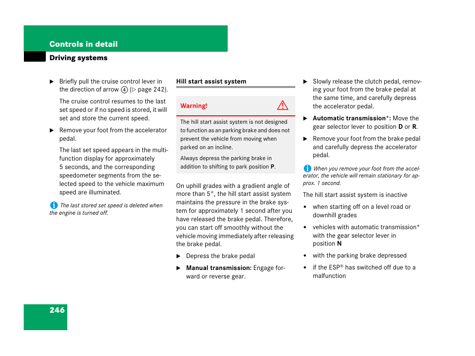 Automatic transmission:hill start assist system, Hill start assist system | Mercedes-Benz C-Class 2008 Owners Manual User Manual | Page 247 / 509