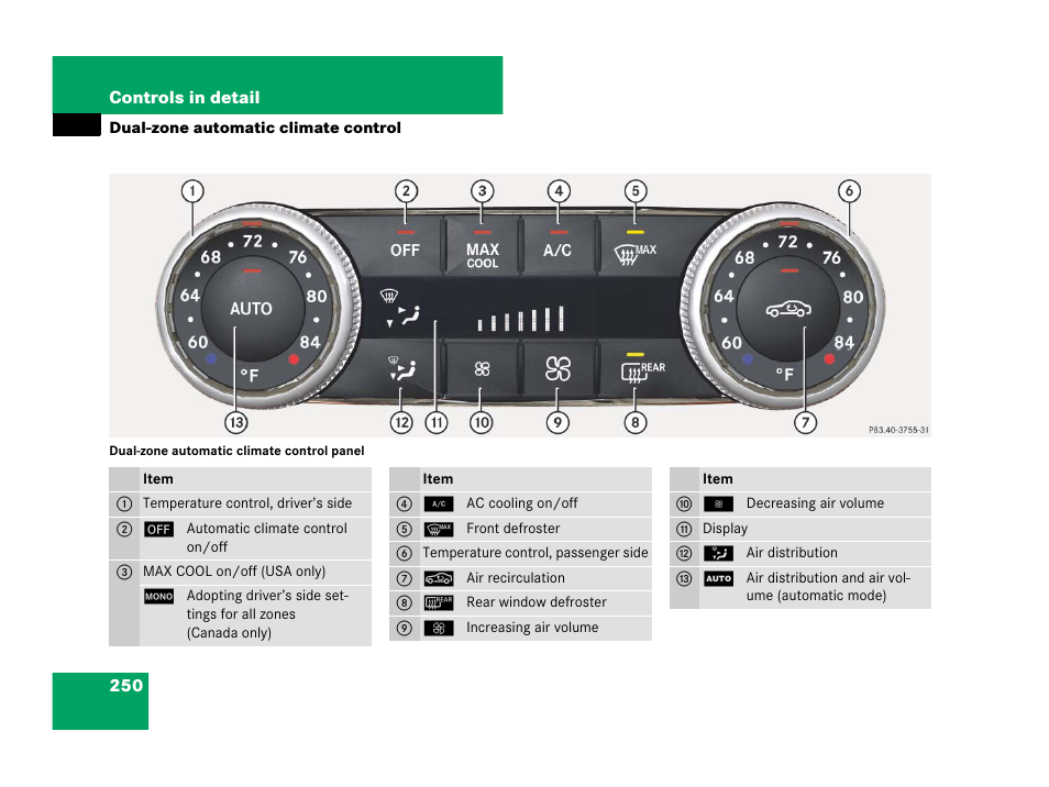 Dual-zone automatic climate control, Dual-zone automatic climate con- trol | Mercedes-Benz C-Class 2008 Owners Manual User Manual | Page 251 / 509