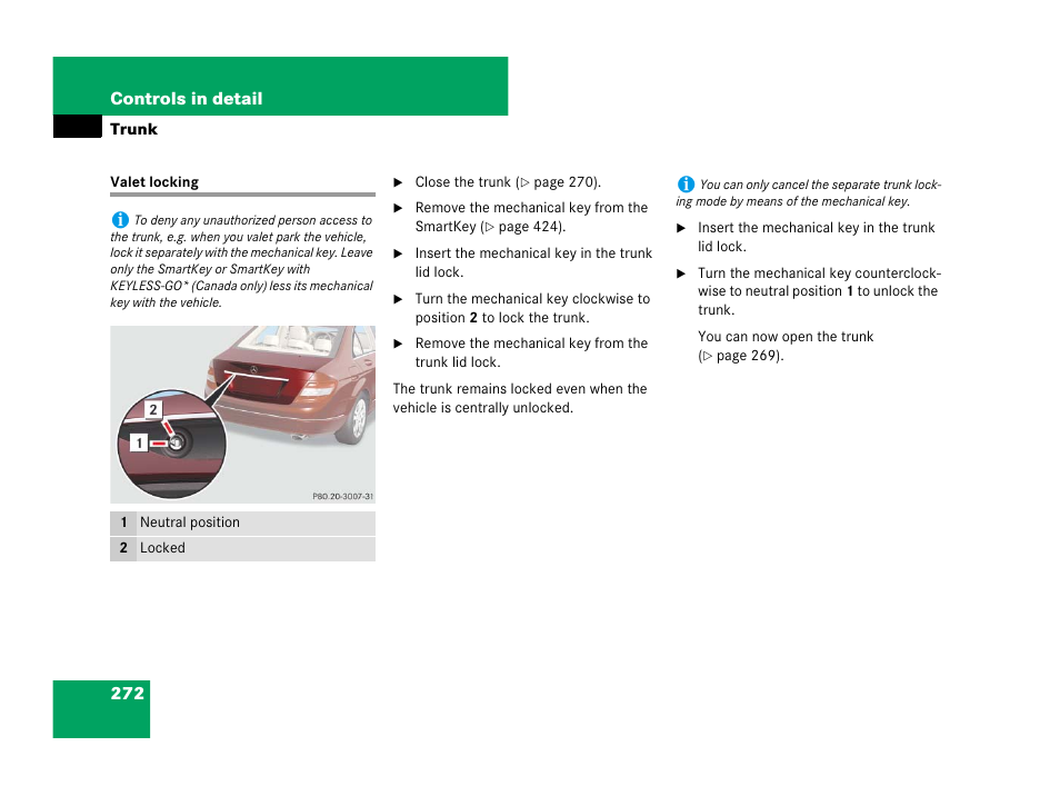 Trunk:valet locking;valet locking, Valet locking | Mercedes-Benz C-Class 2008 Owners Manual User Manual | Page 273 / 509