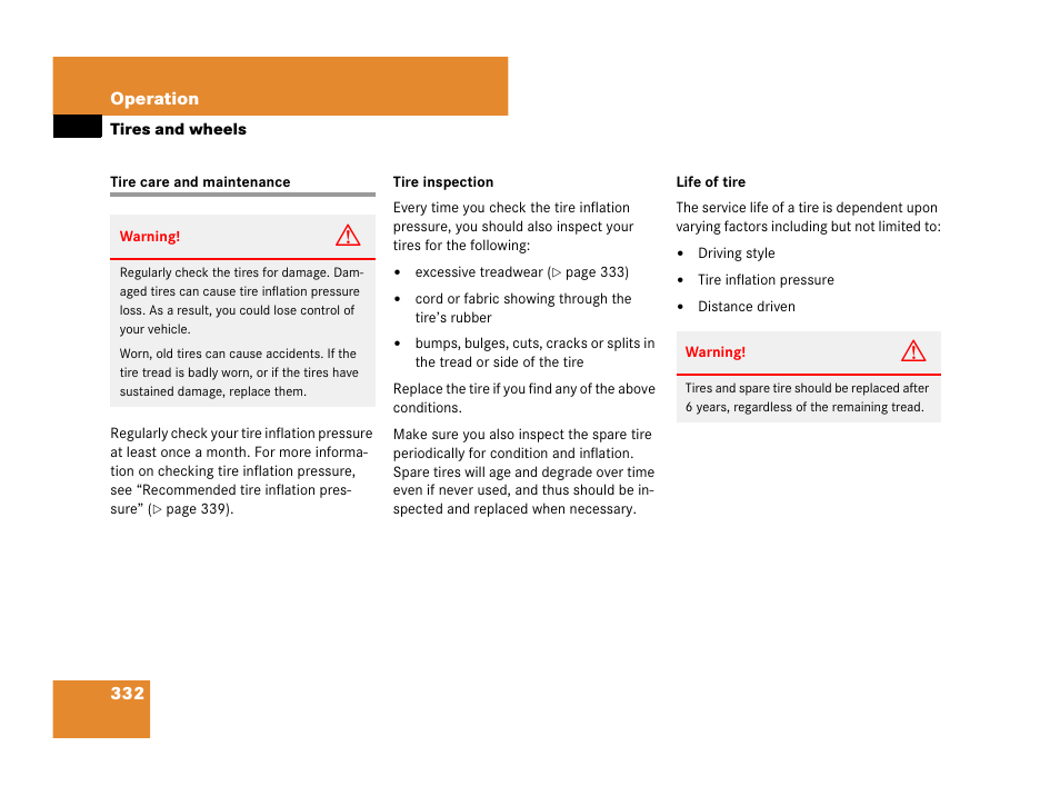 Tires:care and maintenance, Tire care and maintenance | Mercedes-Benz C-Class 2008 Owners Manual User Manual | Page 333 / 509