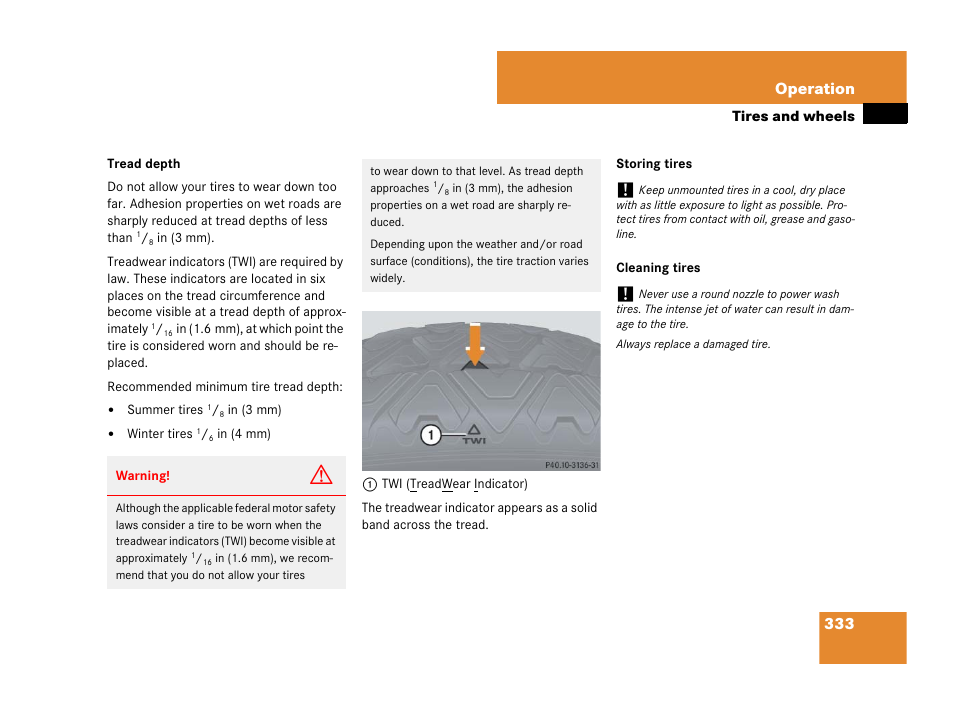 Excessive treadwear, 333 operation | Mercedes-Benz C-Class 2008 Owners Manual User Manual | Page 334 / 509