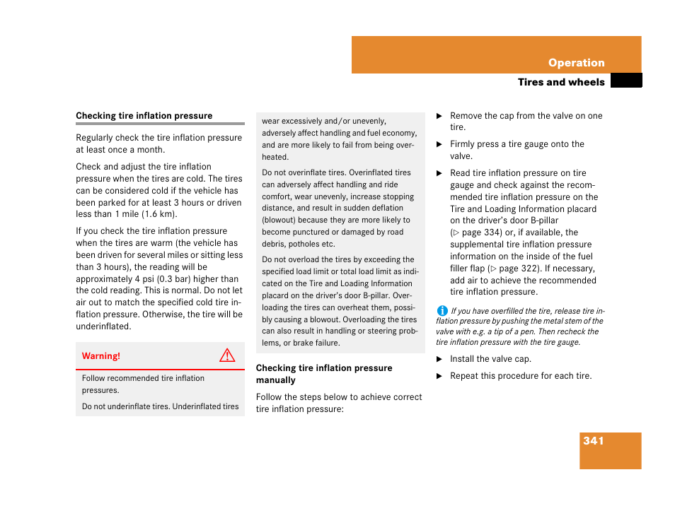 Checking tire inflation pressure, See “checking tire inflation pressure | Mercedes-Benz C-Class 2008 Owners Manual User Manual | Page 342 / 509