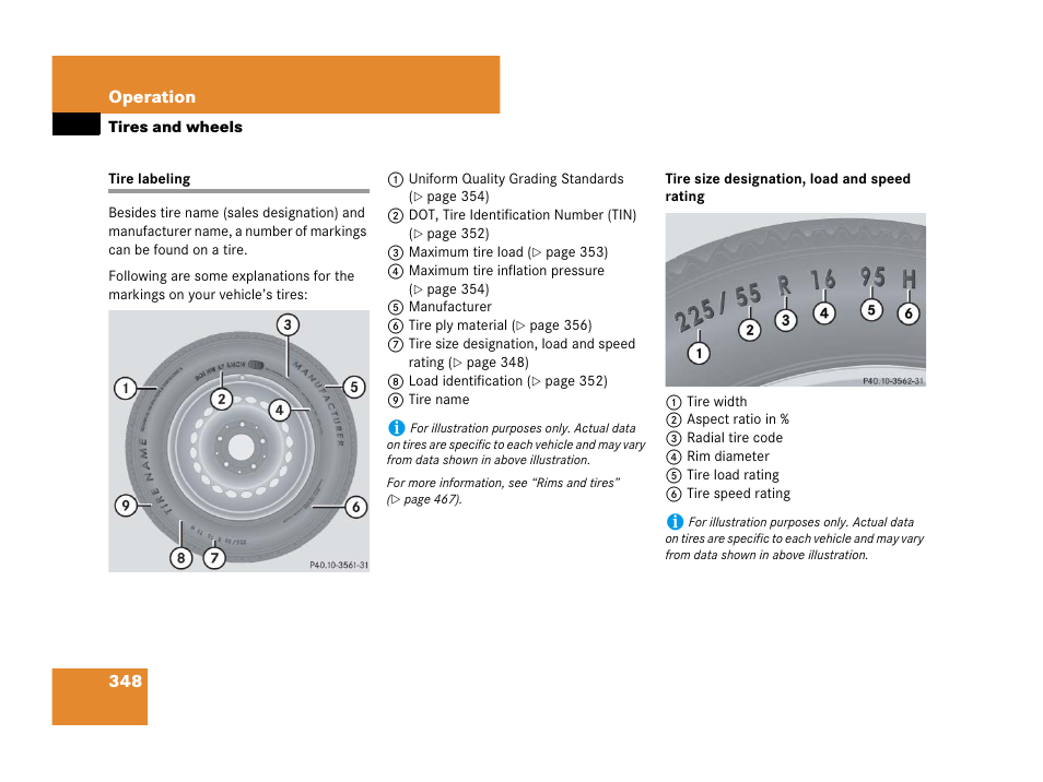 Tire labeling, See “tire size designation, load and speed rating | Mercedes-Benz C-Class 2008 Owners Manual User Manual | Page 349 / 509