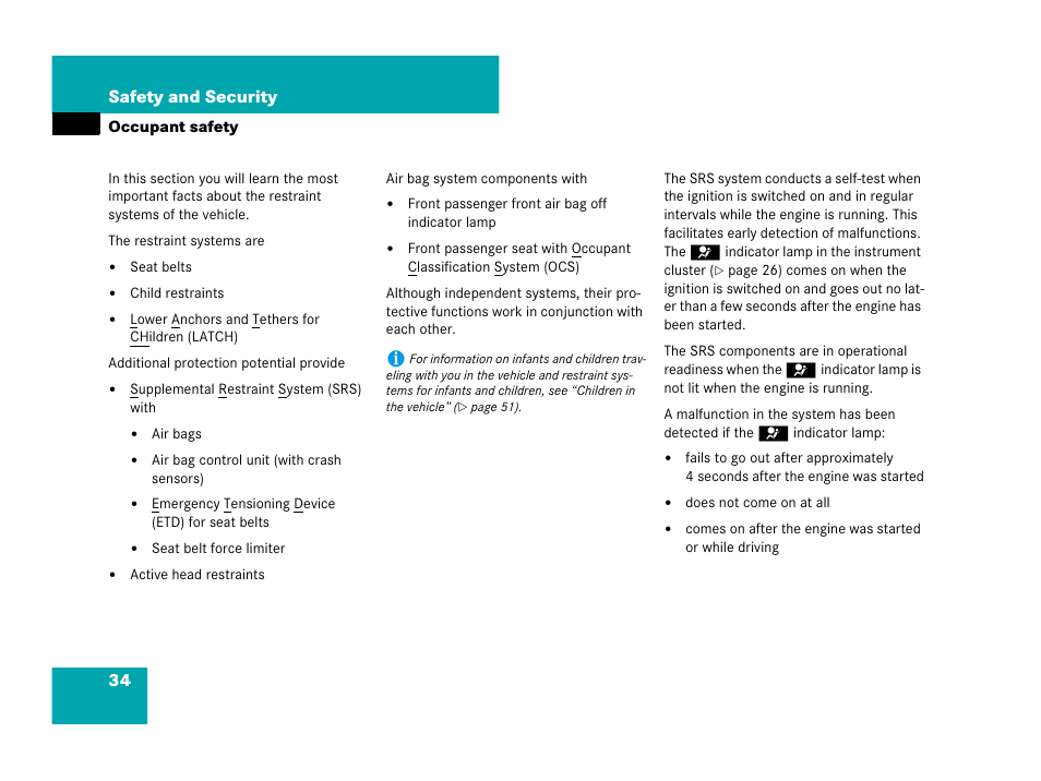 Occupant safety, 34 safety and security | Mercedes-Benz C-Class 2008 Owners Manual User Manual | Page 35 / 509