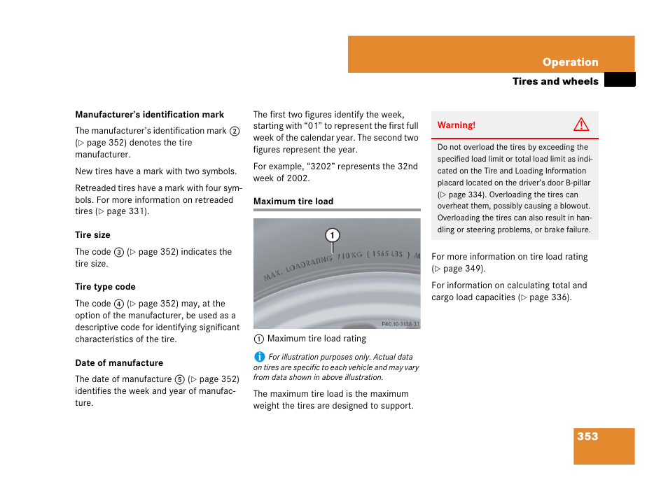 Maximum tire load rating, Maximum tire load | Mercedes-Benz C-Class 2008 Owners Manual User Manual | Page 354 / 509