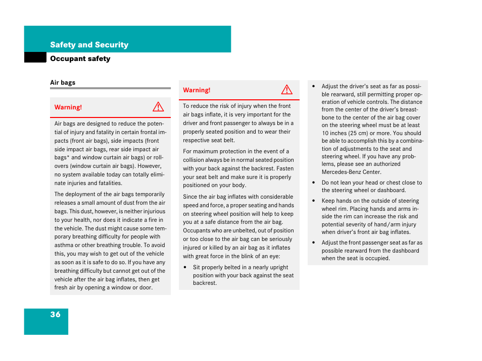 Air bags, 36 safety and security | Mercedes-Benz C-Class 2008 Owners Manual User Manual | Page 37 / 509