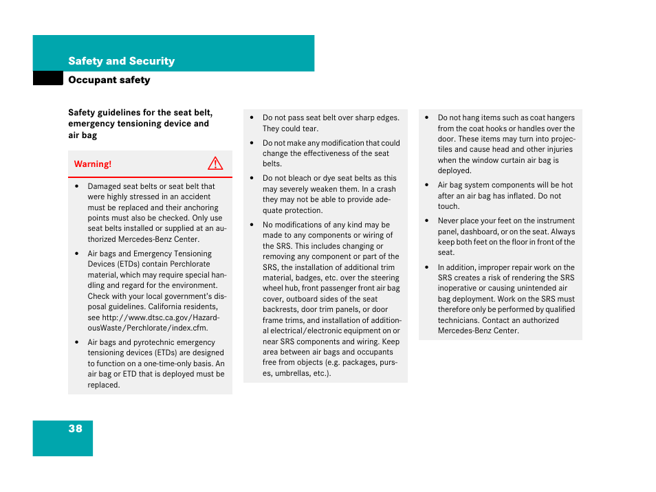 38 safety and security | Mercedes-Benz C-Class 2008 Owners Manual User Manual | Page 39 / 509