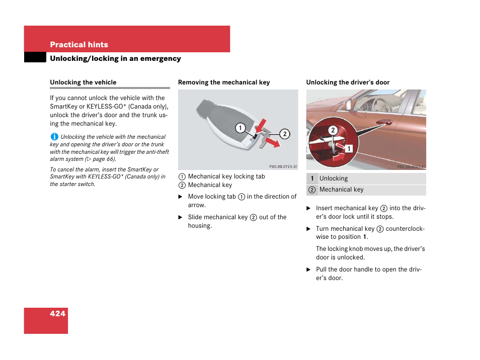 Unlocking/locking in an emergency, Unlocking the vehicle, Er’s door | Smartkey | Mercedes-Benz C-Class 2008 Owners Manual User Manual | Page 425 / 509