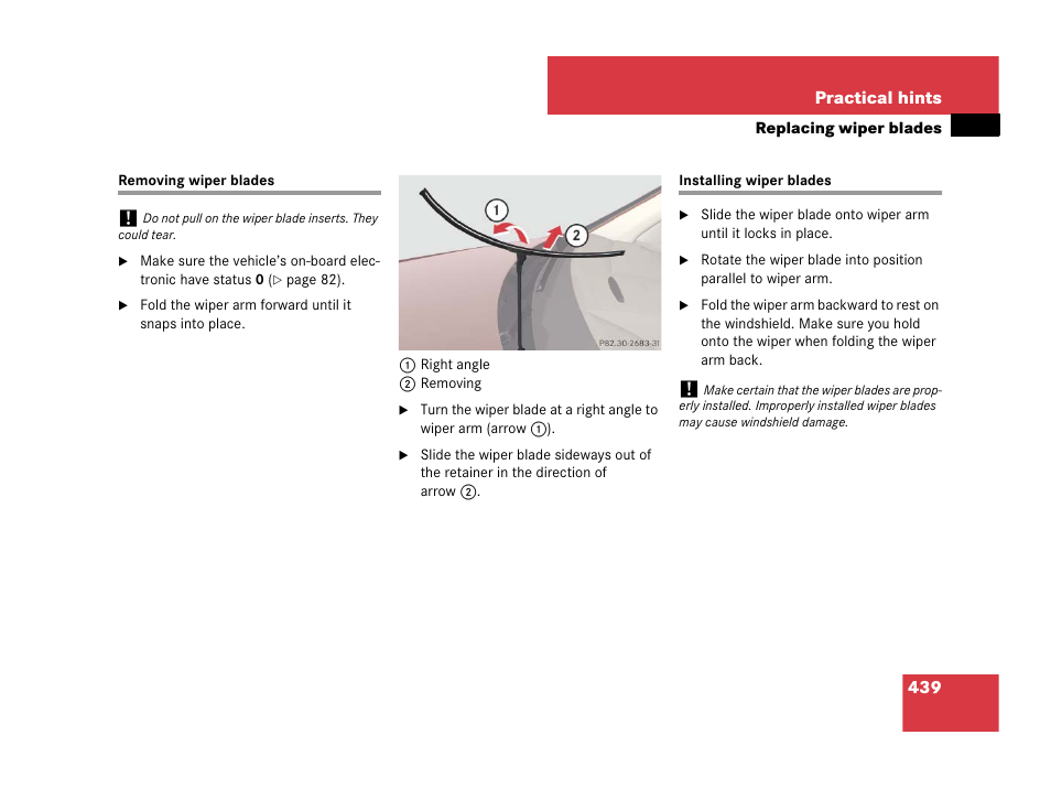 Removing wiper blades, Installing wiper blades, Removing wiper blades installing wiper blades | Mercedes-Benz C-Class 2008 Owners Manual User Manual | Page 440 / 509