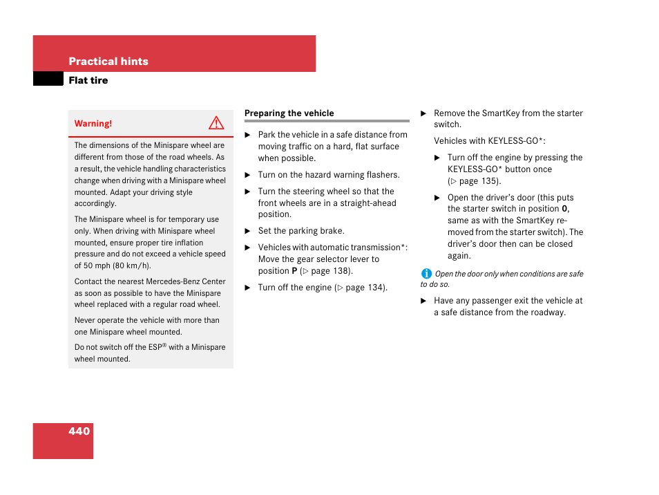 Flat tire, Flat tire:preparing the vehicle, Preparing the vehicle | Hints” section, The wheel, Wheel, 440 practical hints | Mercedes-Benz C-Class 2008 Owners Manual User Manual | Page 441 / 509