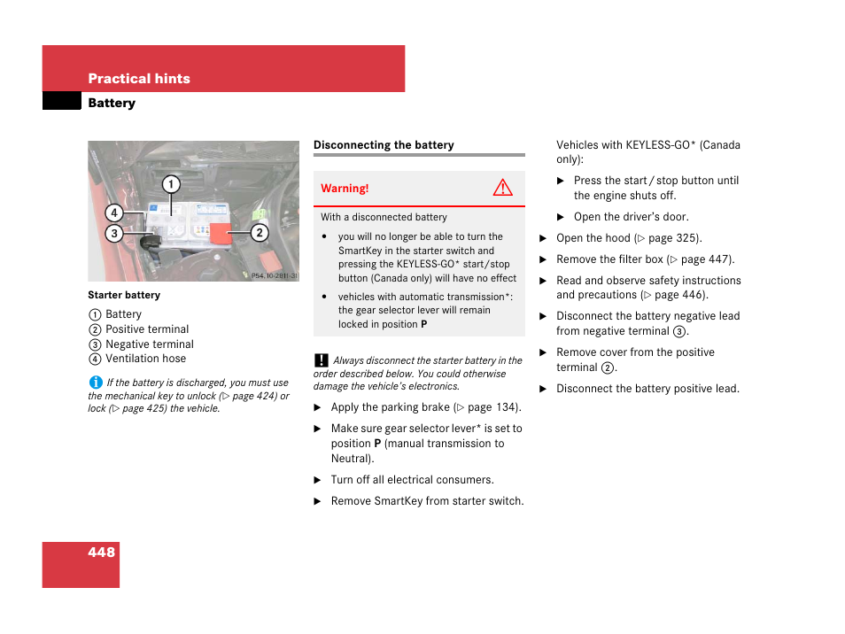 Battery, vehicle:disconnecting, Disconnecting the battery, 448 practical hints | Mercedes-Benz C-Class 2008 Owners Manual User Manual | Page 449 / 509