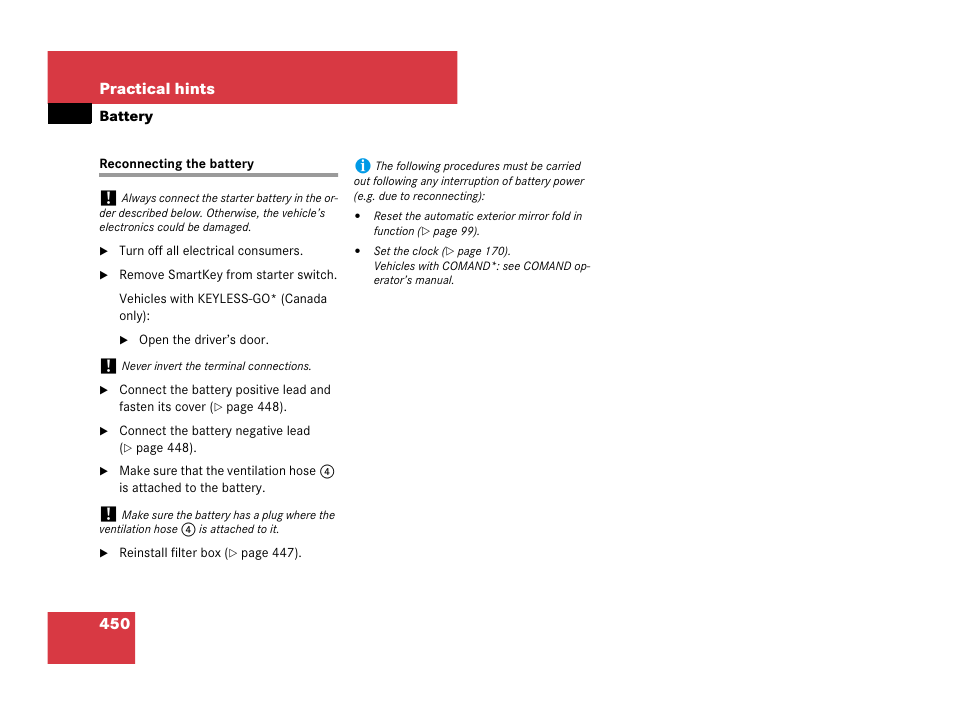 Battery, vehicle:reconnecting, Reconnecting the battery | Mercedes-Benz C-Class 2008 Owners Manual User Manual | Page 451 / 509