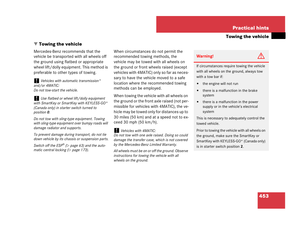 Towing the vehicle;vehicle:towing, Towing the vehicle | Mercedes-Benz C-Class 2008 Owners Manual User Manual | Page 454 / 509