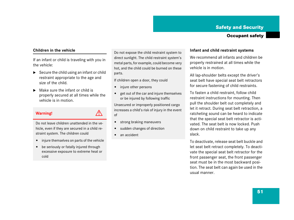 Children in the vehicle, N, see “children in the vehicle, 51 safety and security | Mercedes-Benz C-Class 2008 Owners Manual User Manual | Page 52 / 509