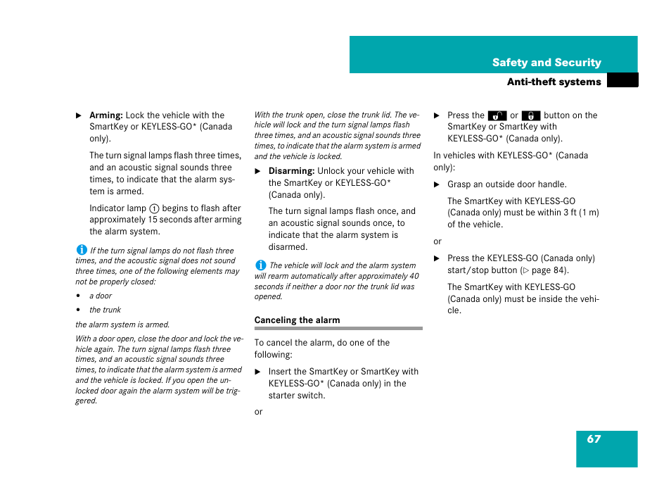 Canceling the alarm, Gered, see “canceling the alarm | Mercedes-Benz C-Class 2008 Owners Manual User Manual | Page 68 / 509