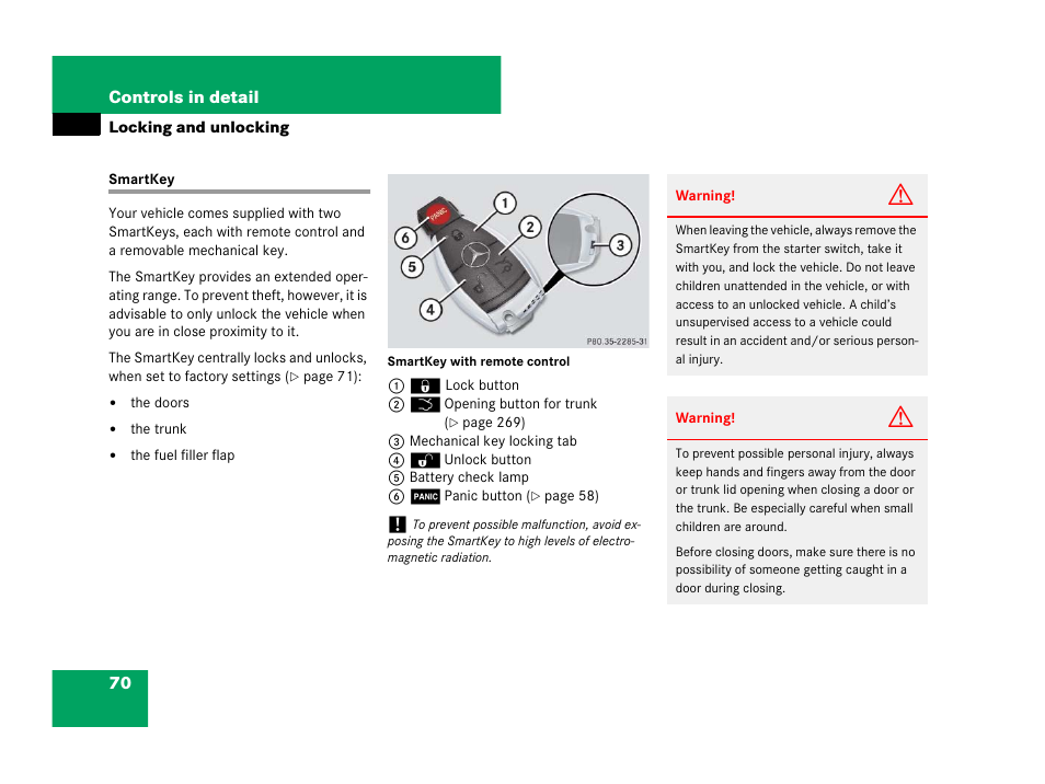 Key, smartkey:locking and unlocking, Key, smartkey, Locking and unlocking | Smartkey | Mercedes-Benz C-Class 2008 Owners Manual User Manual | Page 71 / 509