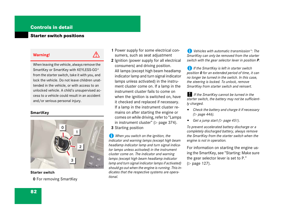 Starter switch:positions;starter switch, Ignition:switching on, Starter switch positions | Smartkey | Mercedes-Benz C-Class 2008 Owners Manual User Manual | Page 83 / 509
