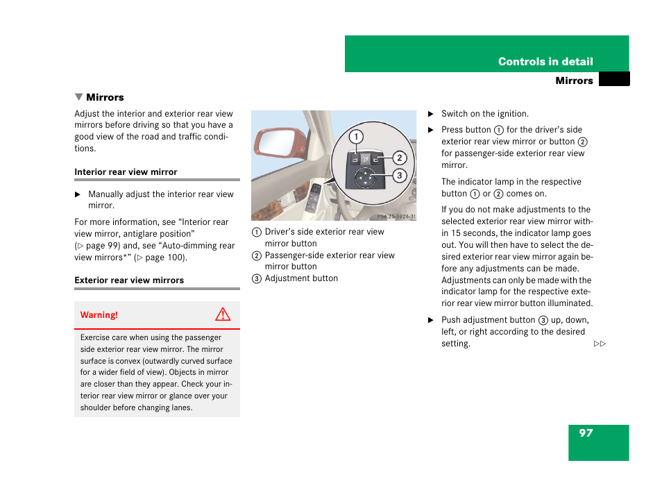Mirrors:adjusting, Mirrors | Mercedes-Benz C-Class 2008 Owners Manual User Manual | Page 98 / 509