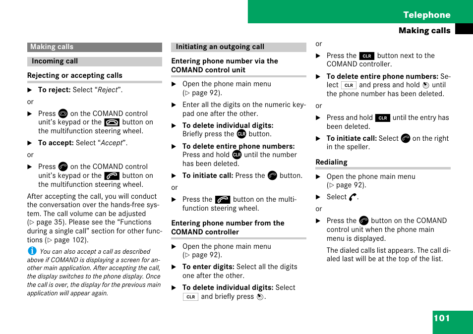 Making calls, Incoming call, Initiating an outgoing call | Incoming call initiating an outgoing call, 101 telephone | Mercedes-Benz C-Class 2008 COMAND Manual User Manual | Page 102 / 225