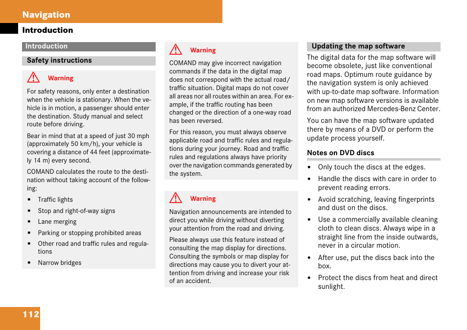 Introduction, Safety instructions, Updating the map software | Safety instructions updating the map software, 112 navigation | Mercedes-Benz C-Class 2008 COMAND Manual User Manual | Page 113 / 225
