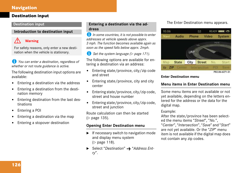 Destination input, Introduction to destination input, Entering a destination via the address | 126 navigation | Mercedes-Benz C-Class 2008 COMAND Manual User Manual | Page 127 / 225