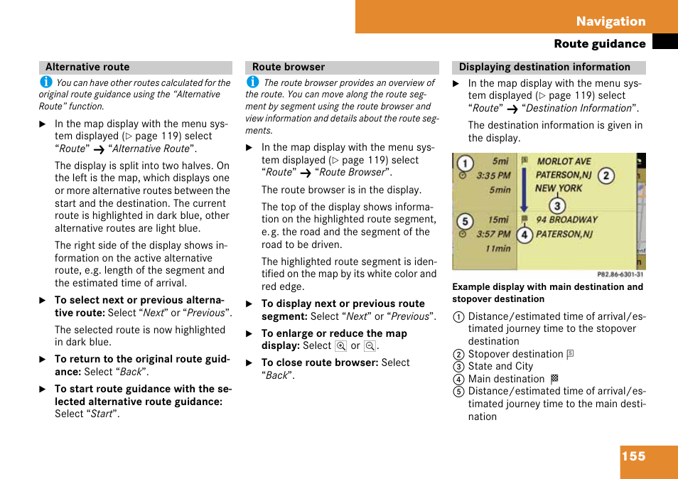 Alternative route, Route browser, Displaying destination information | 155 navigation | Mercedes-Benz C-Class 2008 COMAND Manual User Manual | Page 156 / 225
