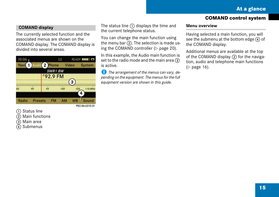 Comand display, 15 at a glance | Mercedes-Benz C-Class 2008 COMAND Manual User Manual | Page 16 / 225
