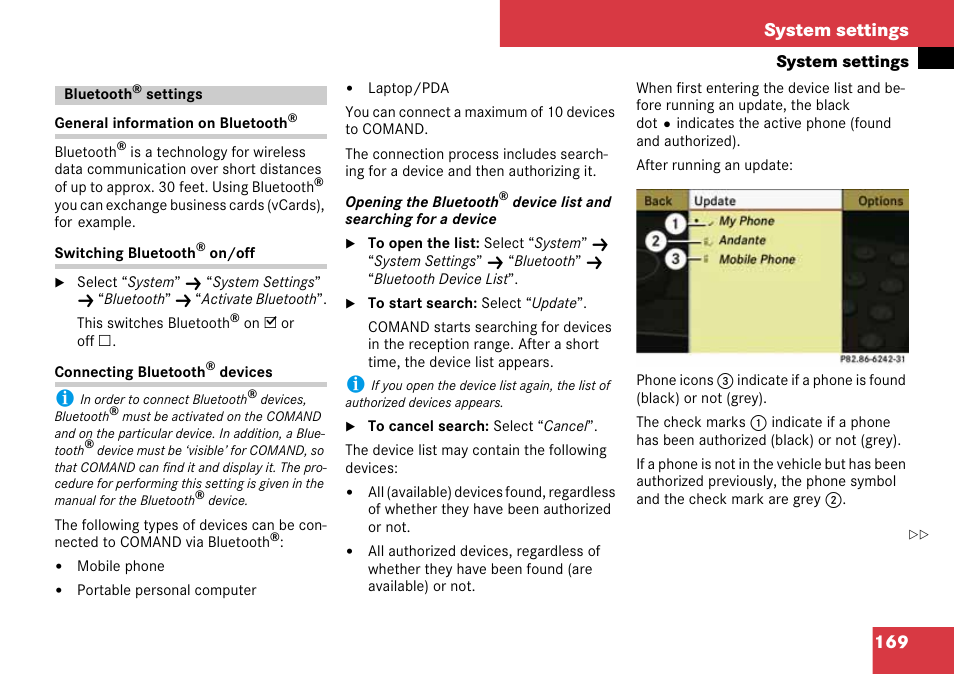 Bluetooth® settings, Comand, 169 system settings | Mercedes-Benz C-Class 2008 COMAND Manual User Manual | Page 170 / 225