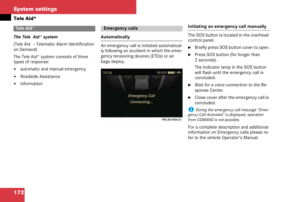Tele aid, Emergency calls, 172 system settings | Mercedes-Benz C-Class 2008 COMAND Manual User Manual | Page 173 / 225