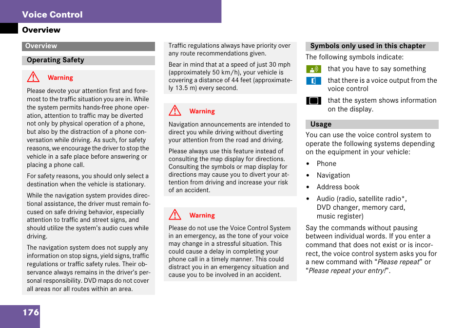Overview, Operating safety, Symbols only used in this chapter | Usage, 176 voice control | Mercedes-Benz C-Class 2008 COMAND Manual User Manual | Page 177 / 225