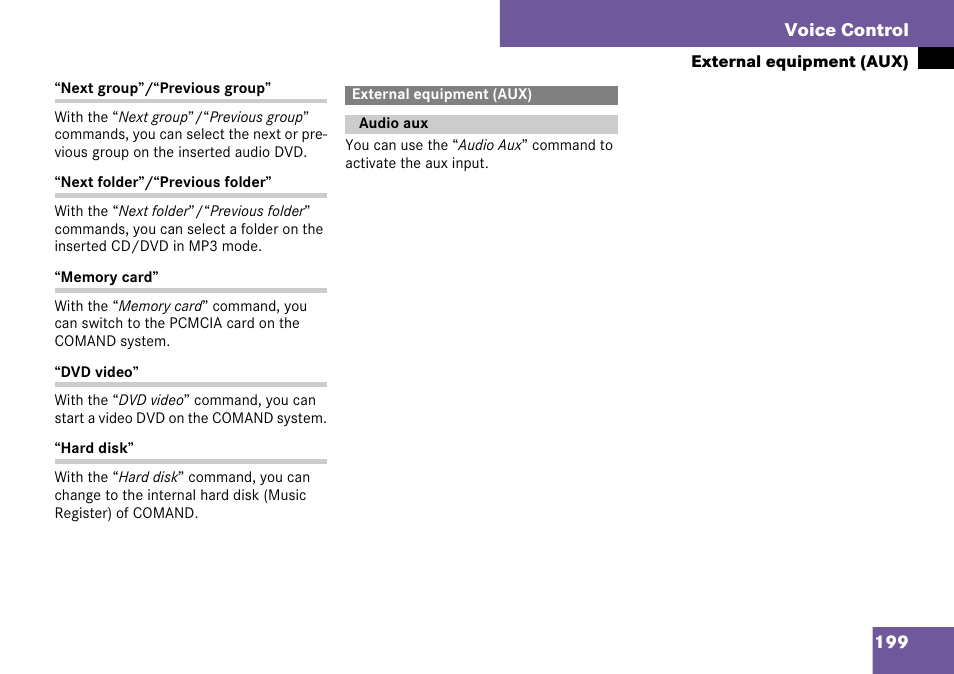 External equipment (aux), Audio aux | Mercedes-Benz C-Class 2008 COMAND Manual User Manual | Page 200 / 225