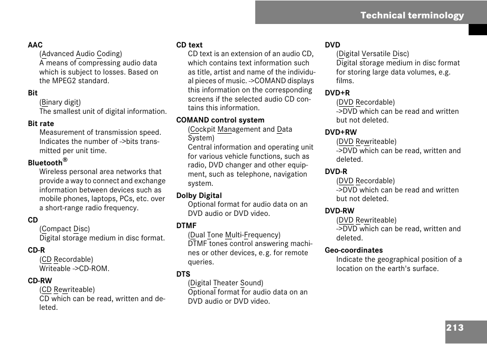 Technical terminology, 213 technical terminology | Mercedes-Benz C-Class 2008 COMAND Manual User Manual | Page 214 / 225
