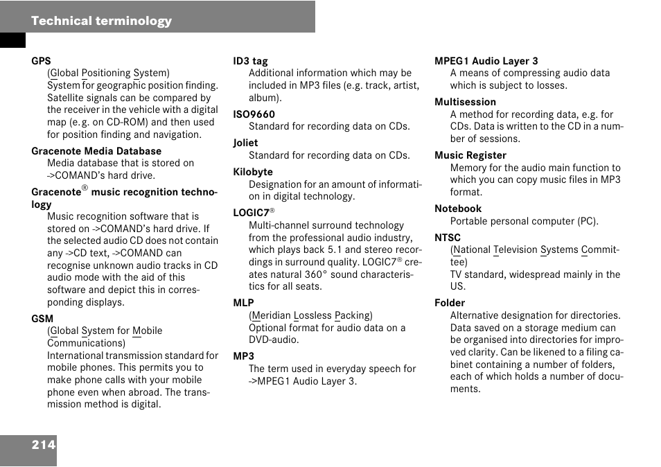 214 technical terminology | Mercedes-Benz C-Class 2008 COMAND Manual User Manual | Page 215 / 225