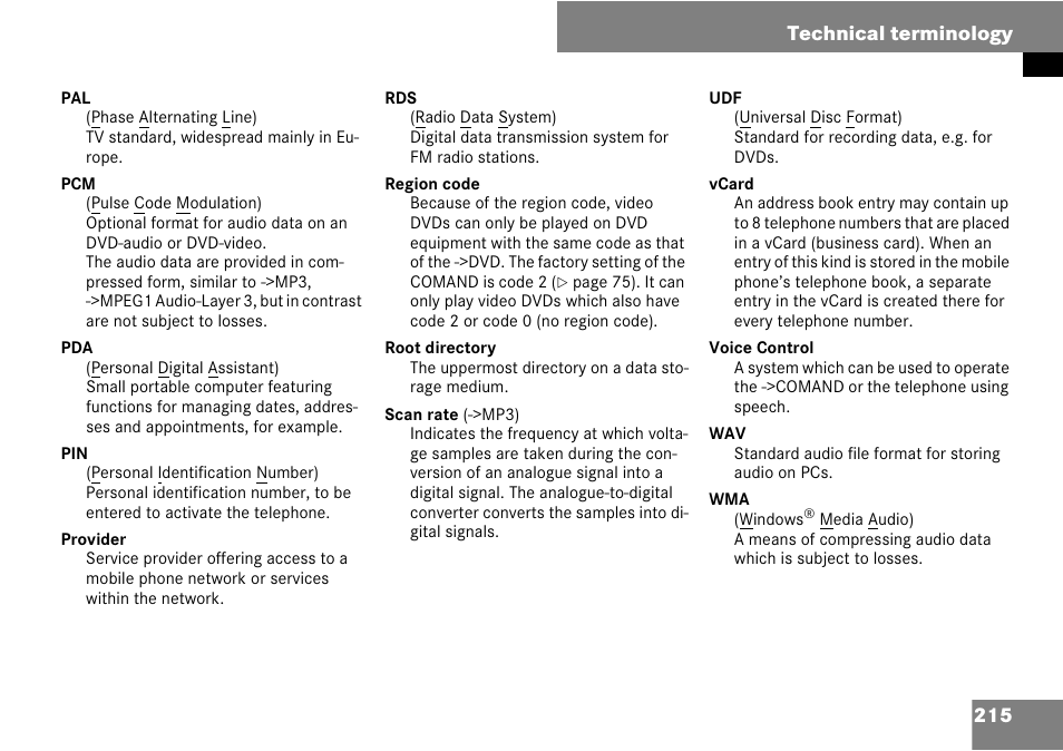 215 technical terminology | Mercedes-Benz C-Class 2008 COMAND Manual User Manual | Page 216 / 225