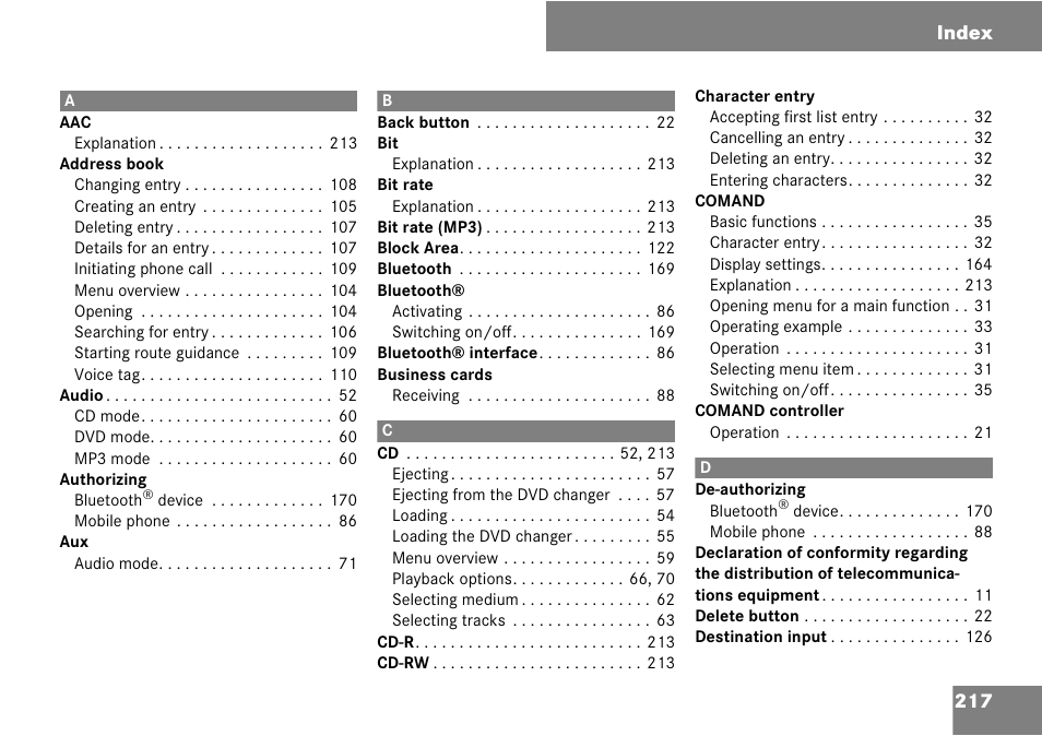 Index, 217 index | Mercedes-Benz C-Class 2008 COMAND Manual User Manual | Page 218 / 225