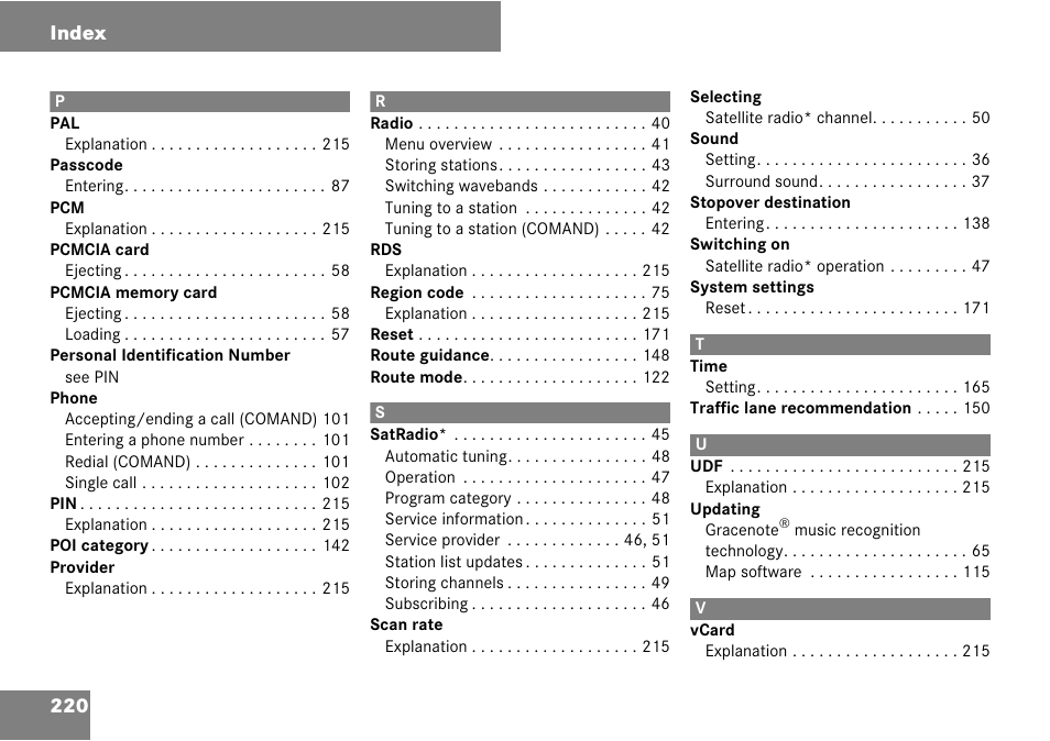 220 index | Mercedes-Benz C-Class 2008 COMAND Manual User Manual | Page 221 / 225
