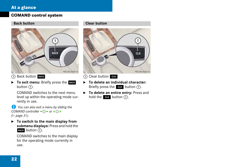 Back button, Clear button, Back button clear button | 22 at a glance | Mercedes-Benz C-Class 2008 COMAND Manual User Manual | Page 23 / 225
