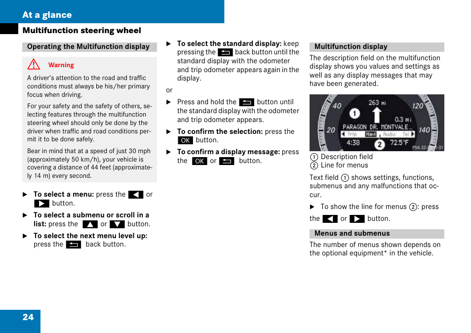 Operating the multifunction display, Multifunction display, Menus and submenus | 24 at a glance | Mercedes-Benz C-Class 2008 COMAND Manual User Manual | Page 25 / 225