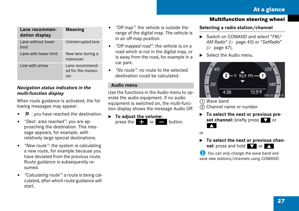 Audio menu, 27 at a glance | Mercedes-Benz C-Class 2008 COMAND Manual User Manual | Page 28 / 225