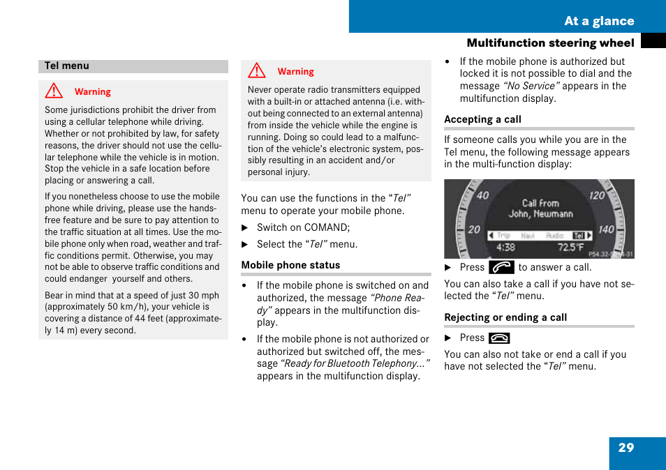 Tel menu, 29 at a glance | Mercedes-Benz C-Class 2008 COMAND Manual User Manual | Page 30 / 225