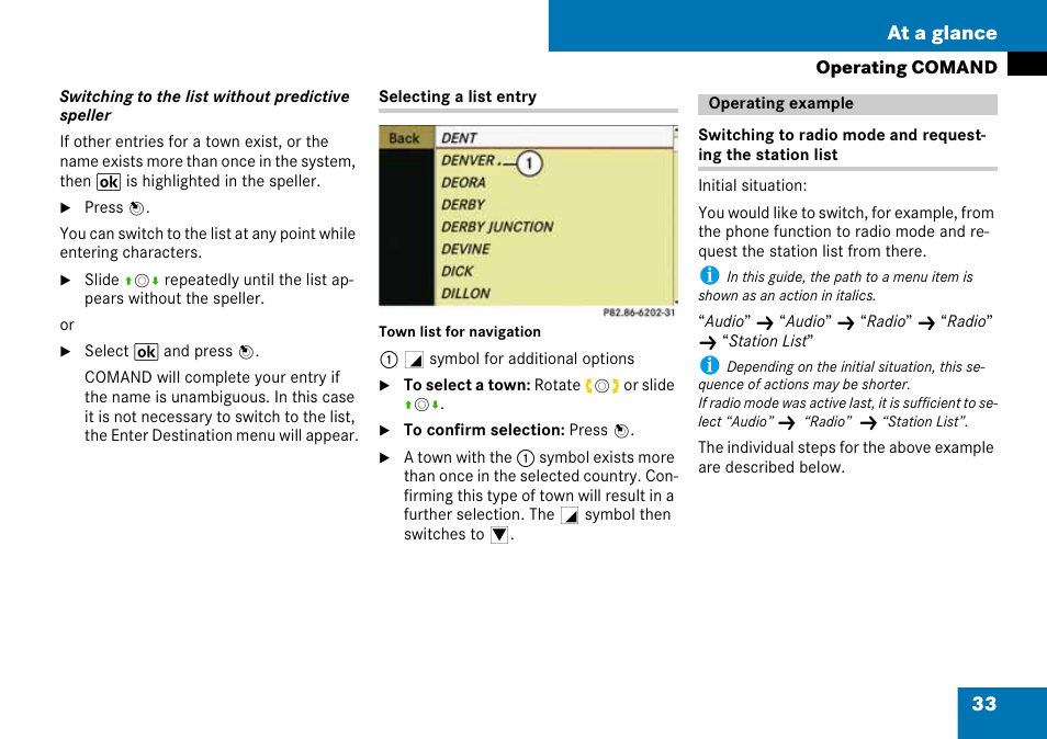 Operating example, 33 at a glance | Mercedes-Benz C-Class 2008 COMAND Manual User Manual | Page 34 / 225