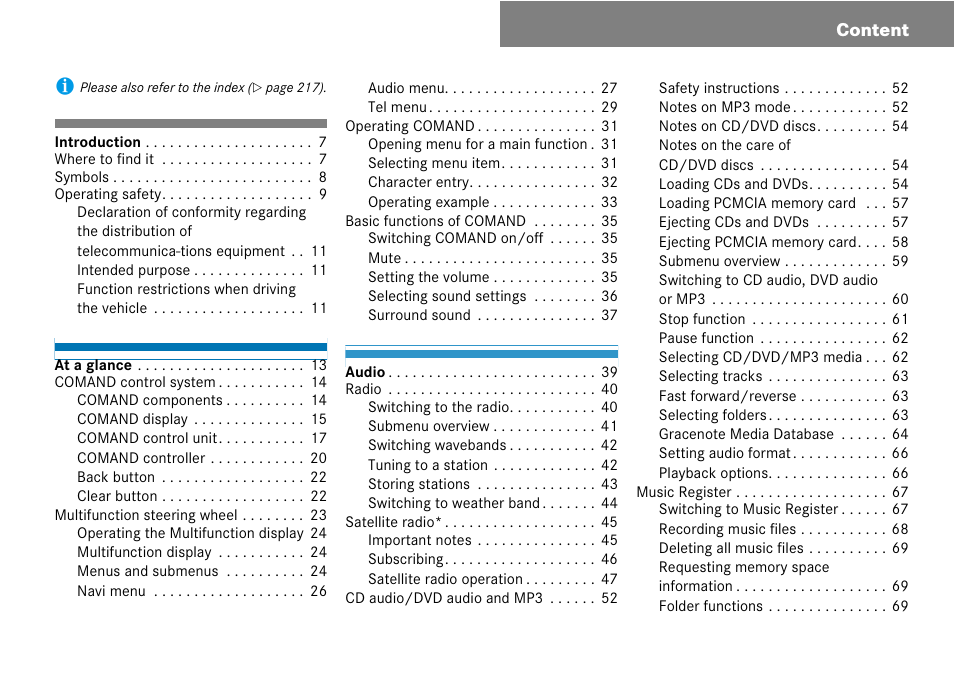 Content, Content i | Mercedes-Benz C-Class 2008 COMAND Manual User Manual | Page 4 / 225