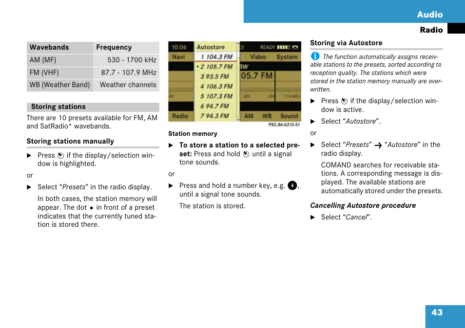 Storing stations, 43 audio | Mercedes-Benz C-Class 2008 COMAND Manual User Manual | Page 44 / 225
