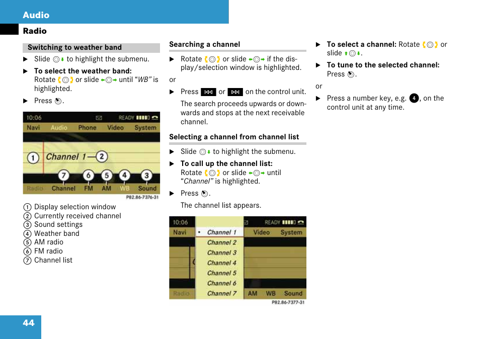 Switching to weather band, 44 audio | Mercedes-Benz C-Class 2008 COMAND Manual User Manual | Page 45 / 225