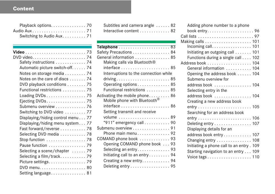 Content | Mercedes-Benz C-Class 2008 COMAND Manual User Manual | Page 5 / 225