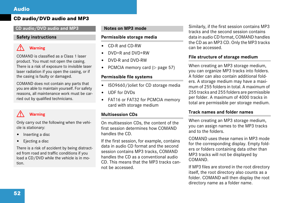Cd audio/dvd audio and mp3, Safety instructions, Notes on mp3 mode | Safety instructions notes on mp3 mode, 52 audio | Mercedes-Benz C-Class 2008 COMAND Manual User Manual | Page 53 / 225