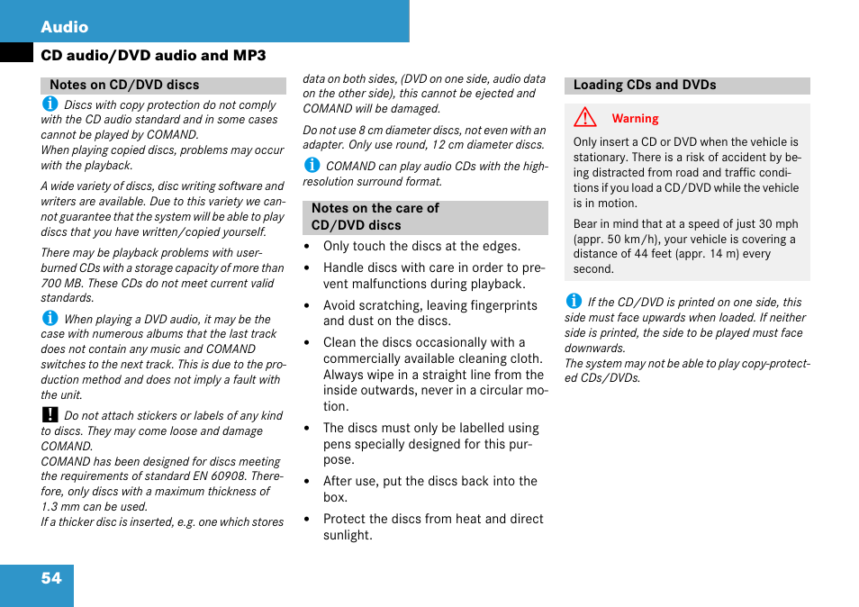 Notes on cd/dvd discs, Notes on the care of cd/dvd discs, Loading cds and dvds | 54 audio | Mercedes-Benz C-Class 2008 COMAND Manual User Manual | Page 55 / 225
