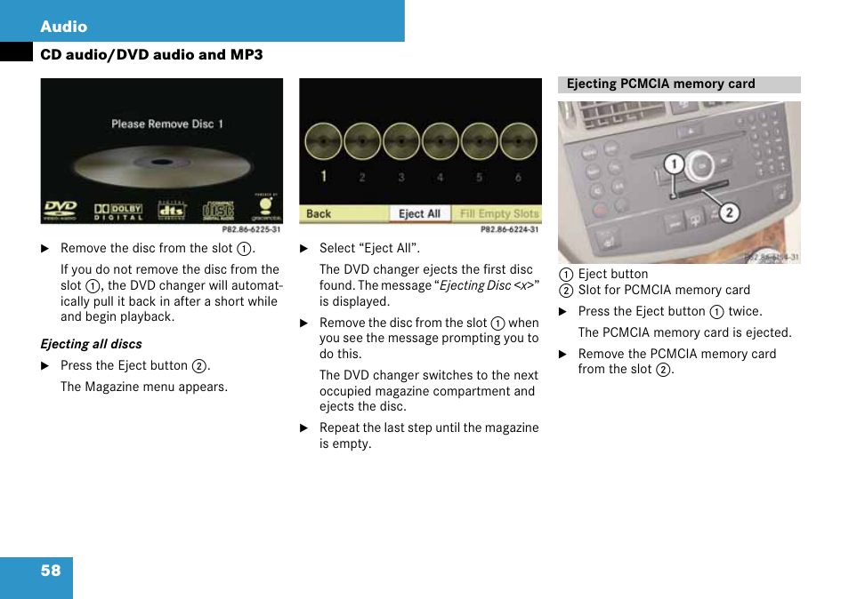Ejecting pcmcia memory card, 58 audio | Mercedes-Benz C-Class 2008 COMAND Manual User Manual | Page 59 / 225
