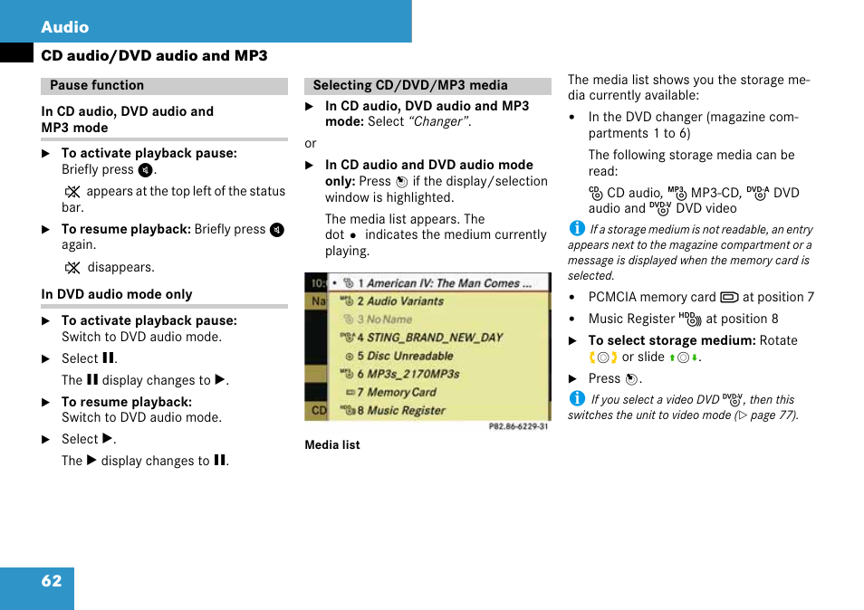Pause function, Selecting cd/dvd/mp3 media, Pause function selecting cd/dvd/mp3 media | 62 audio | Mercedes-Benz C-Class 2008 COMAND Manual User Manual | Page 63 / 225